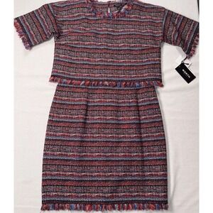 NWT Worth 2-Piece Flame Red Marlin Navy Yarn Stripe Tweed Fringe Dress Size M